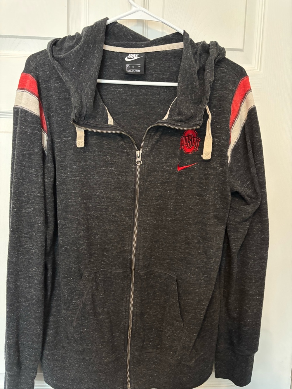 Nike Women's Charcoal Zip Hoodie with Red Stripe Accents